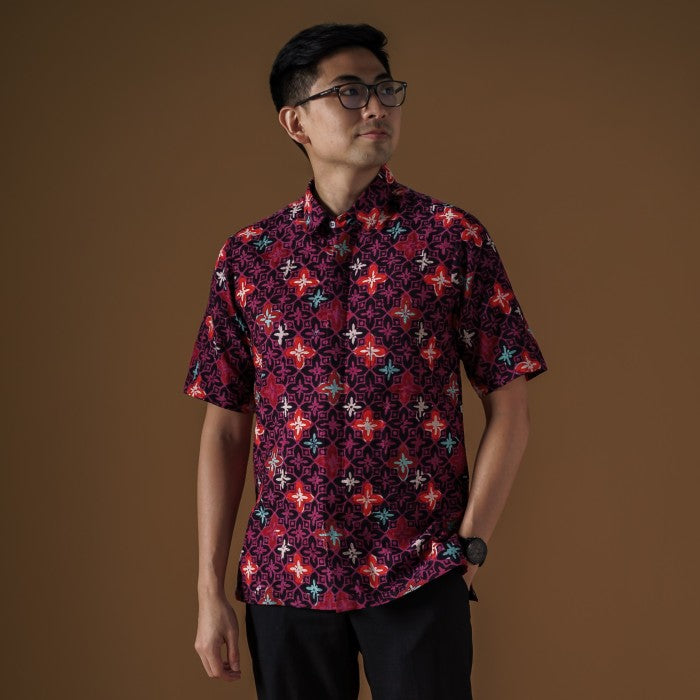 Wine - Mandalas Premium Men's Short Sleeve Batik Shirt