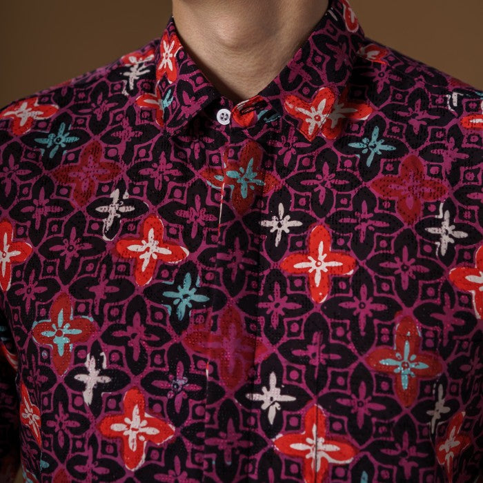 Wine - Mandalas Premium Men's Short Sleeve Batik Shirt