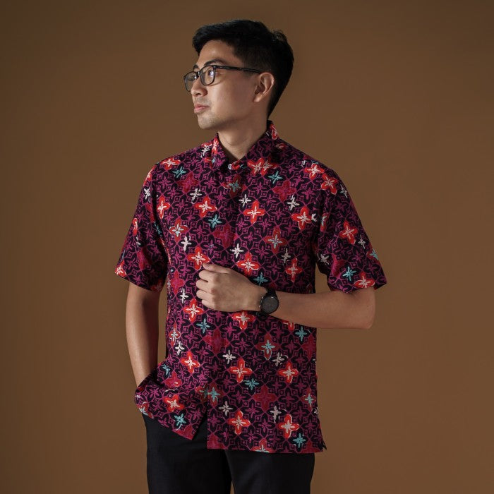 Wine - Mandalas Premium Men's Short Sleeve Batik Shirt