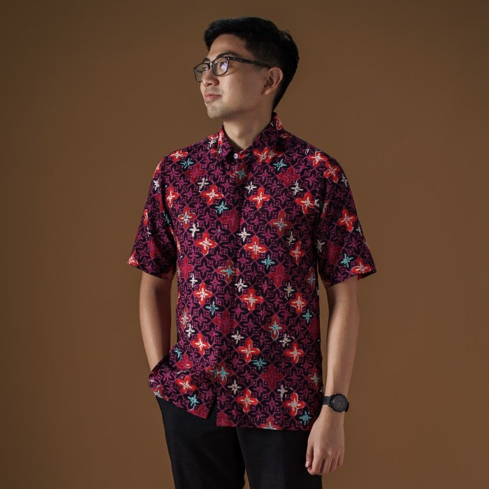 Wine - Mandalas Premium Men's Short Sleeve Batik Shirt
