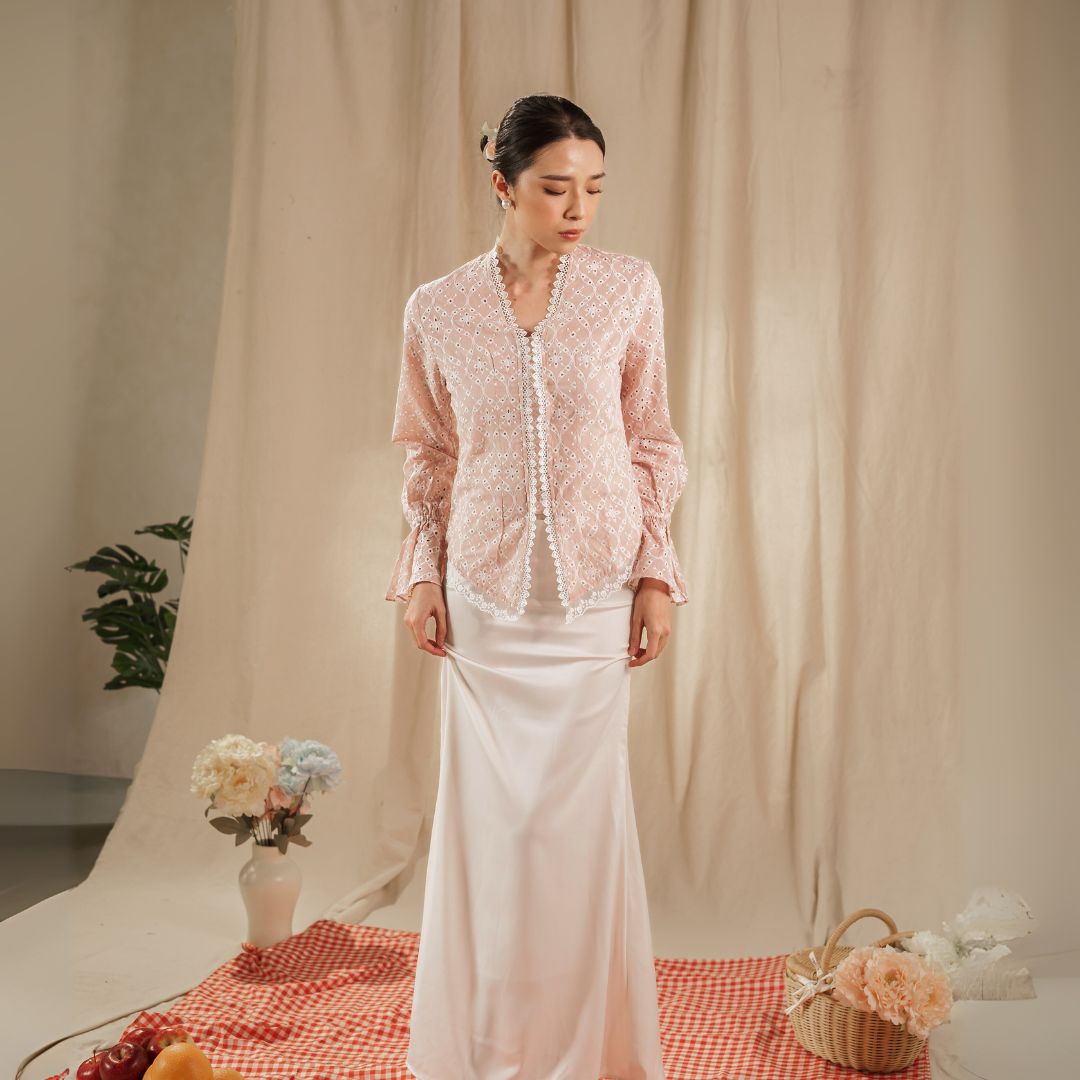 Celina Pink Long Sleeve - Mandalas Women's Kebaya Top Modern Embroidered Cotton Outer