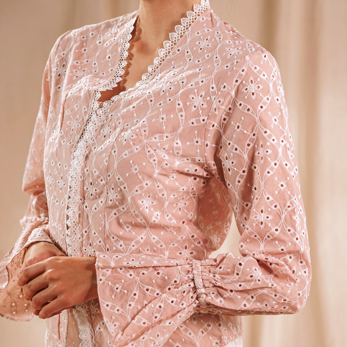 Celina Pink Long Sleeve - Mandalas Women's Kebaya Top Modern Embroidered Cotton Outer