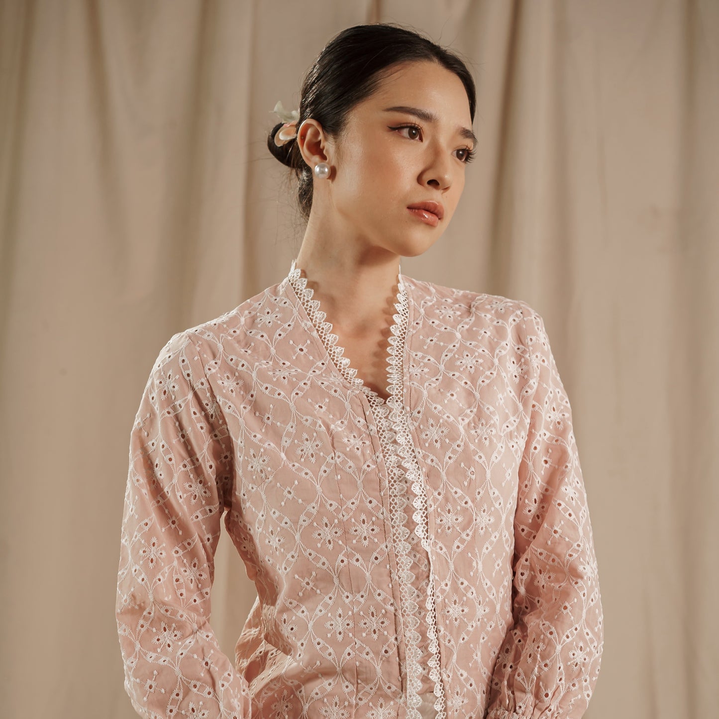 Celina Pink Long Sleeve - Mandalas Women's Kebaya Top Modern Embroidered Cotton Outer