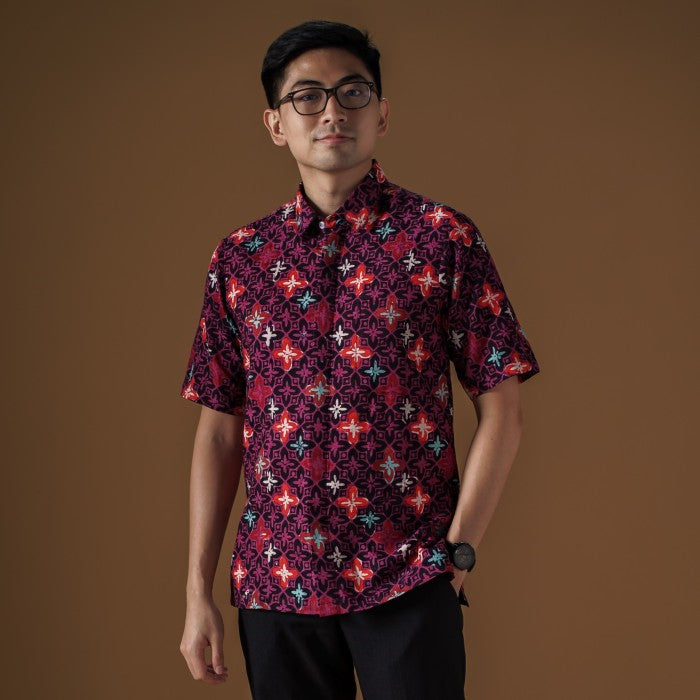 Wine - Mandalas Premium Men's Short Sleeve Batik Shirt