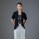 Meera Black Short Sleeve – Mandalas Women’s Encim Kebaya Embroidered Blouse in Soft Viscose with Orchid Motif