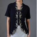 Meera Black Short Sleeve – Mandalas Women’s Encim Kebaya Embroidered Blouse in Soft Viscose with Orchid Motif