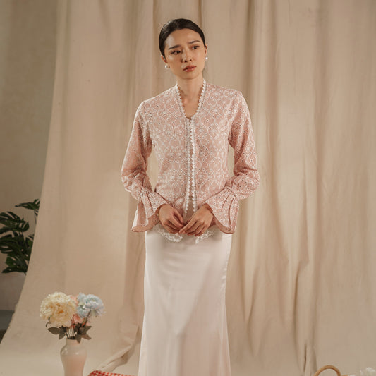 Celina Pink Long Sleeve - Mandalas Women's Kebaya Top Modern Embroidered Cotton Outer