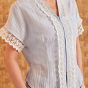 Celine Ice Blue Short Sleeve - Mandalas Women’s Modern Embroidered Cotton Kebaya Top - Mandalas