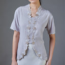 Meera Beige Short Sleeve – Mandalas Women’s Encim Kebaya Embroidered Blouse in Soft Viscose with Orchid Motif - Mandalas