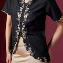 Meera Black Short Sleeve – Mandalas Women’s Encim Kebaya Embroidered Blouse in Cotton with Orchid Motif - Mandalas