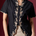 Meera Black Short Sleeve – Mandalas Women’s Encim Kebaya Embroidered Blouse in Cotton with Orchid Motif - Mandalas