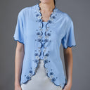 Meera Sky Short Sleeve – Mandalas Women’s Encim Kebaya Embroidered Blouse in Soft Viscose with Orchid Motif - Mandalas